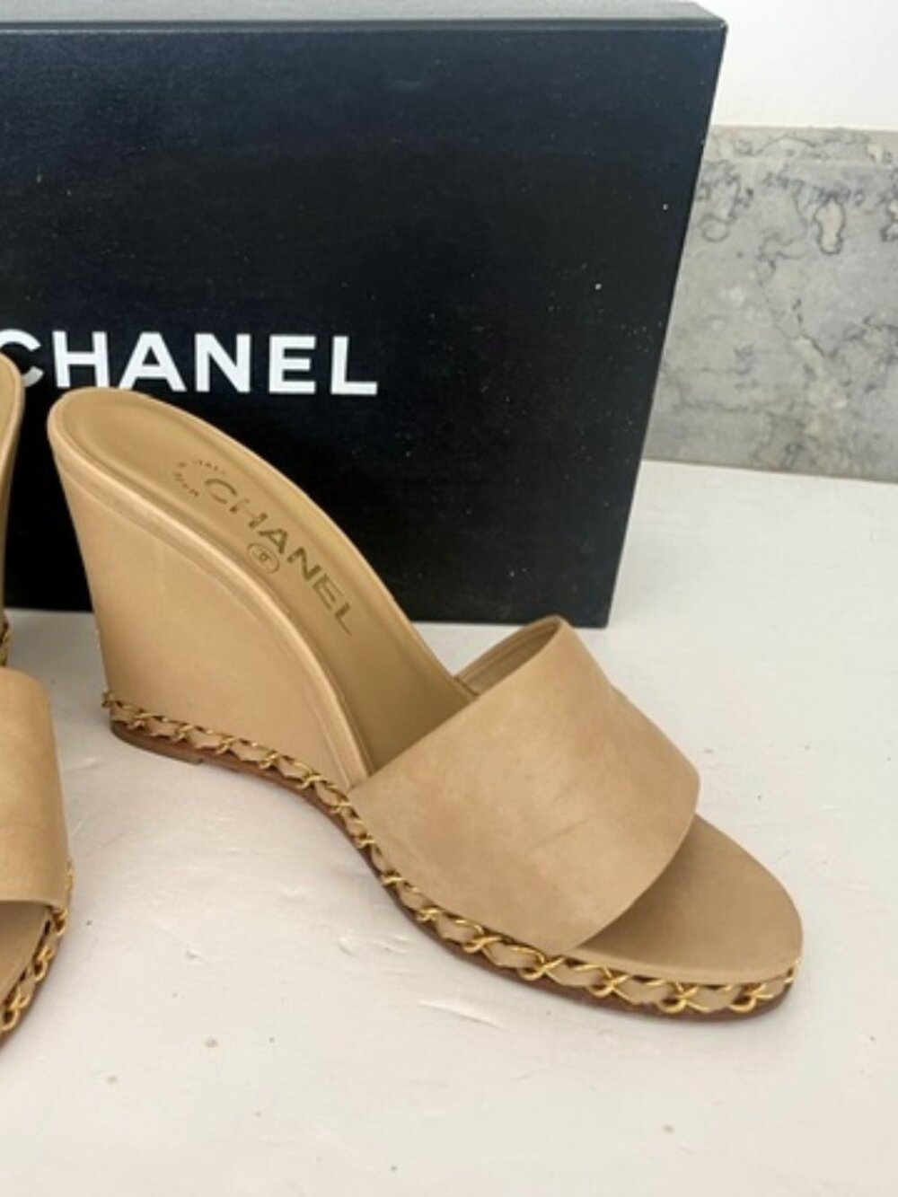 Chanel Tan Leather Chain Wedge Slide Sandals Mules CC Logo